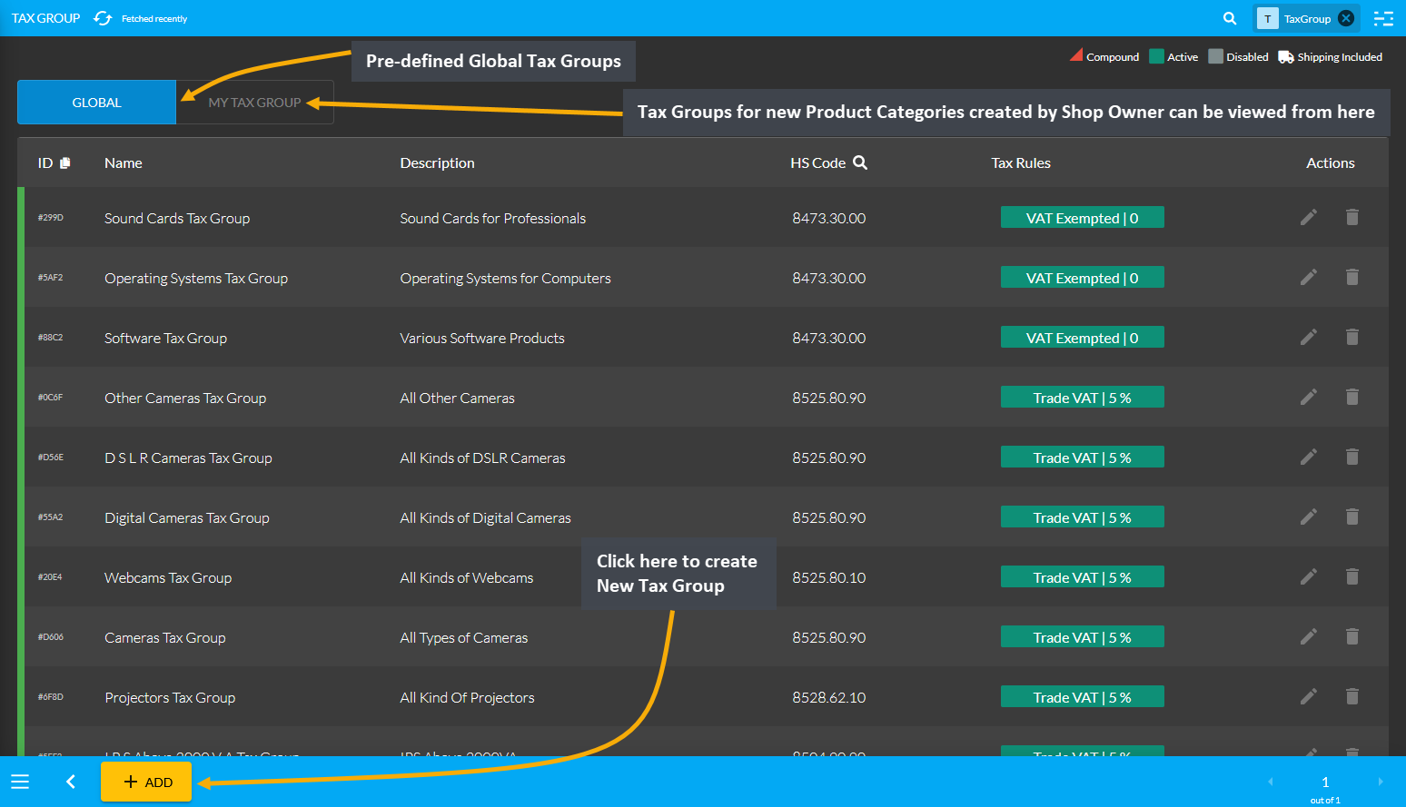 create new tax group, Click here to create New Tax Group.