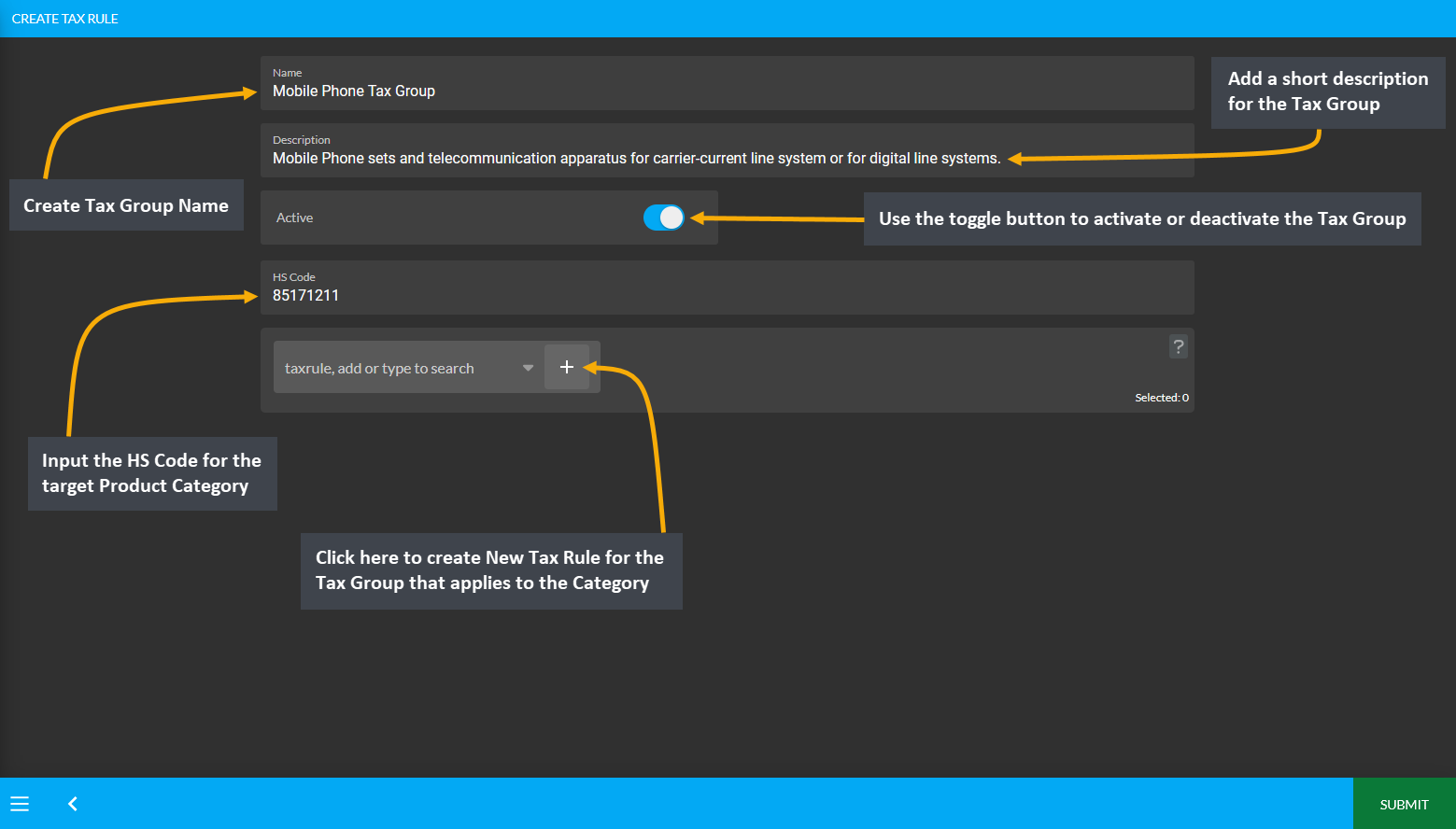 create new tax group page, Create Tax Group Name, Add a short description for the Tax Group, Use the toggle button to activate or deactivate the Tax Group, Input the HS Code for the target Product Category, Click here to create New Tax Rule for the Tax Group that applies to the Category.
