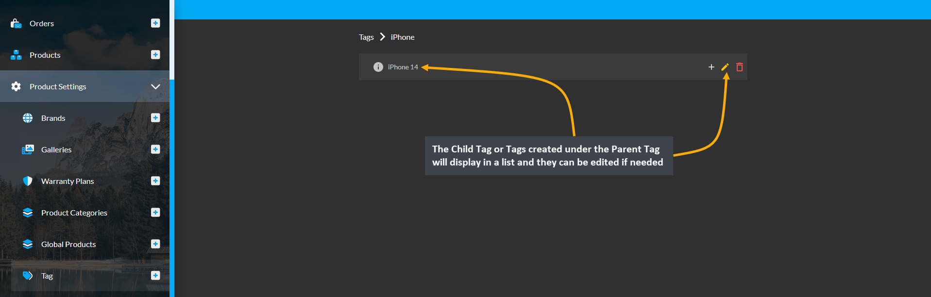 tags list page, The Child Tag or Tags created under the Parent Tag will display in a list and they can be edited if needed.