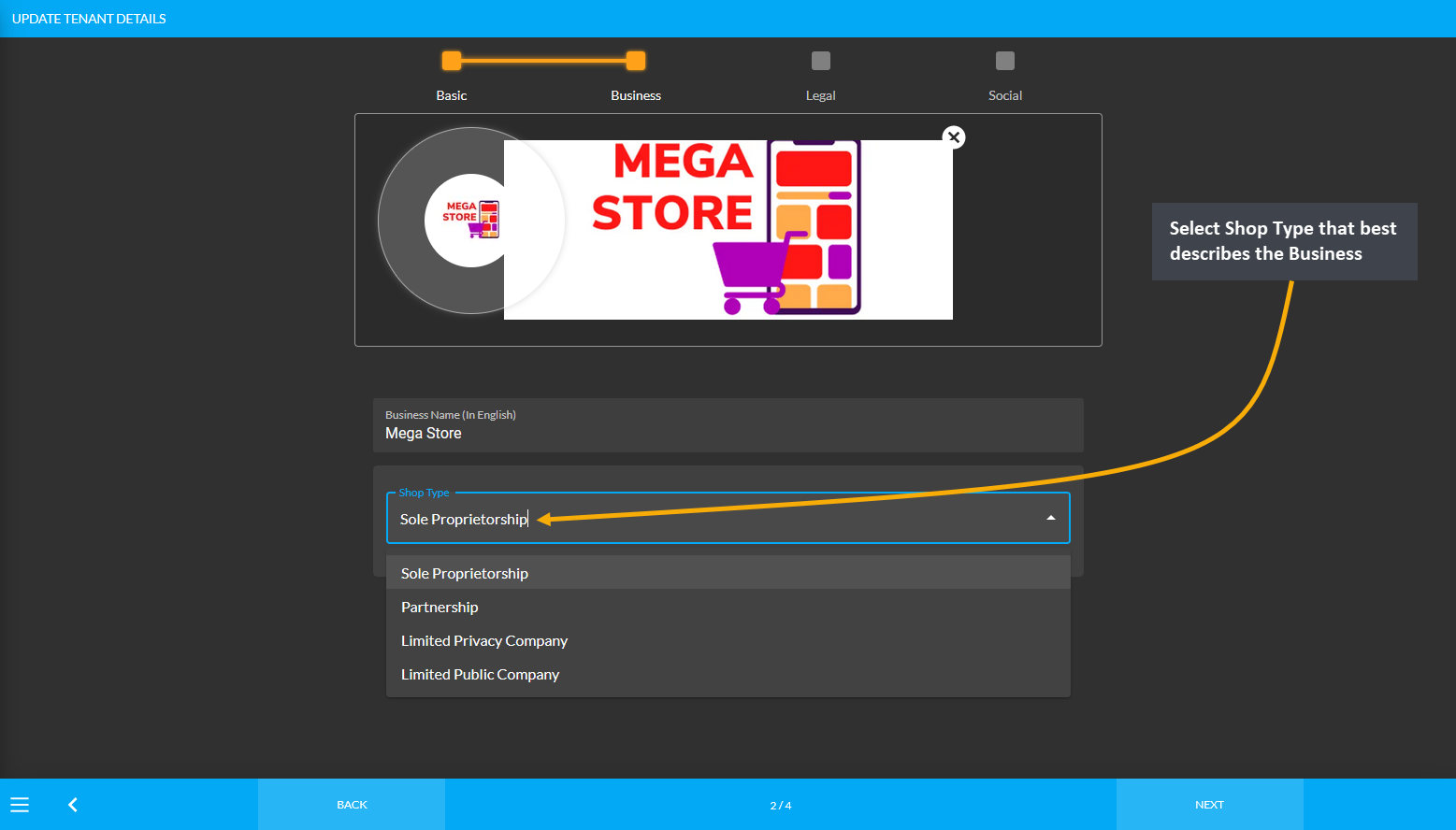 tenant basic information, Select Shop Type that best describes the Business.